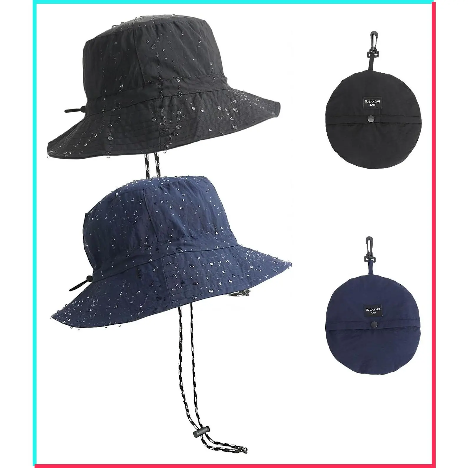 2Pcs Packable Waterproof Bucket Rain Hats - Quick Dry Sun Protection for Men & Women