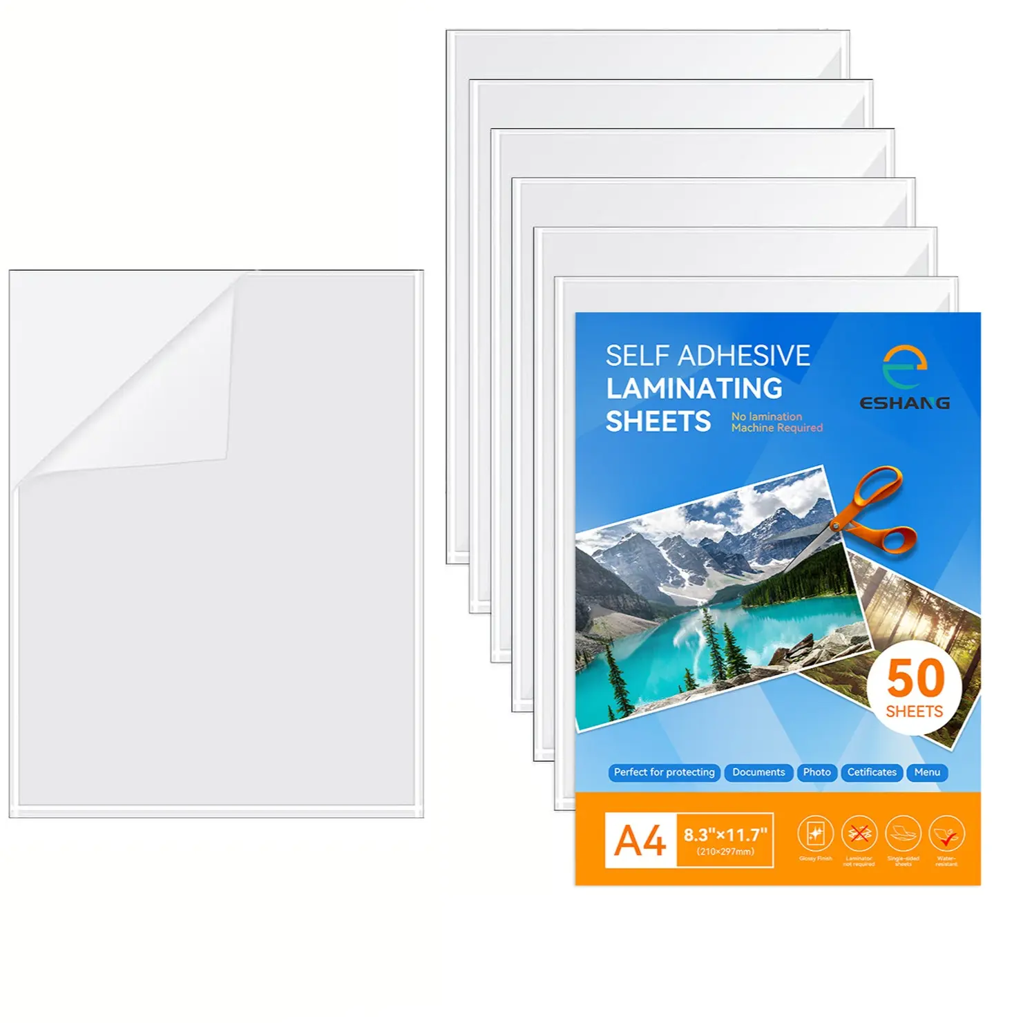 50 Sheets A4 Glossy Adhesive Laminating Sheets, Self Adhesive Transparent Protective Film, Waterproof Scratch Resistant, for Pictures, Art, Cards, Labels