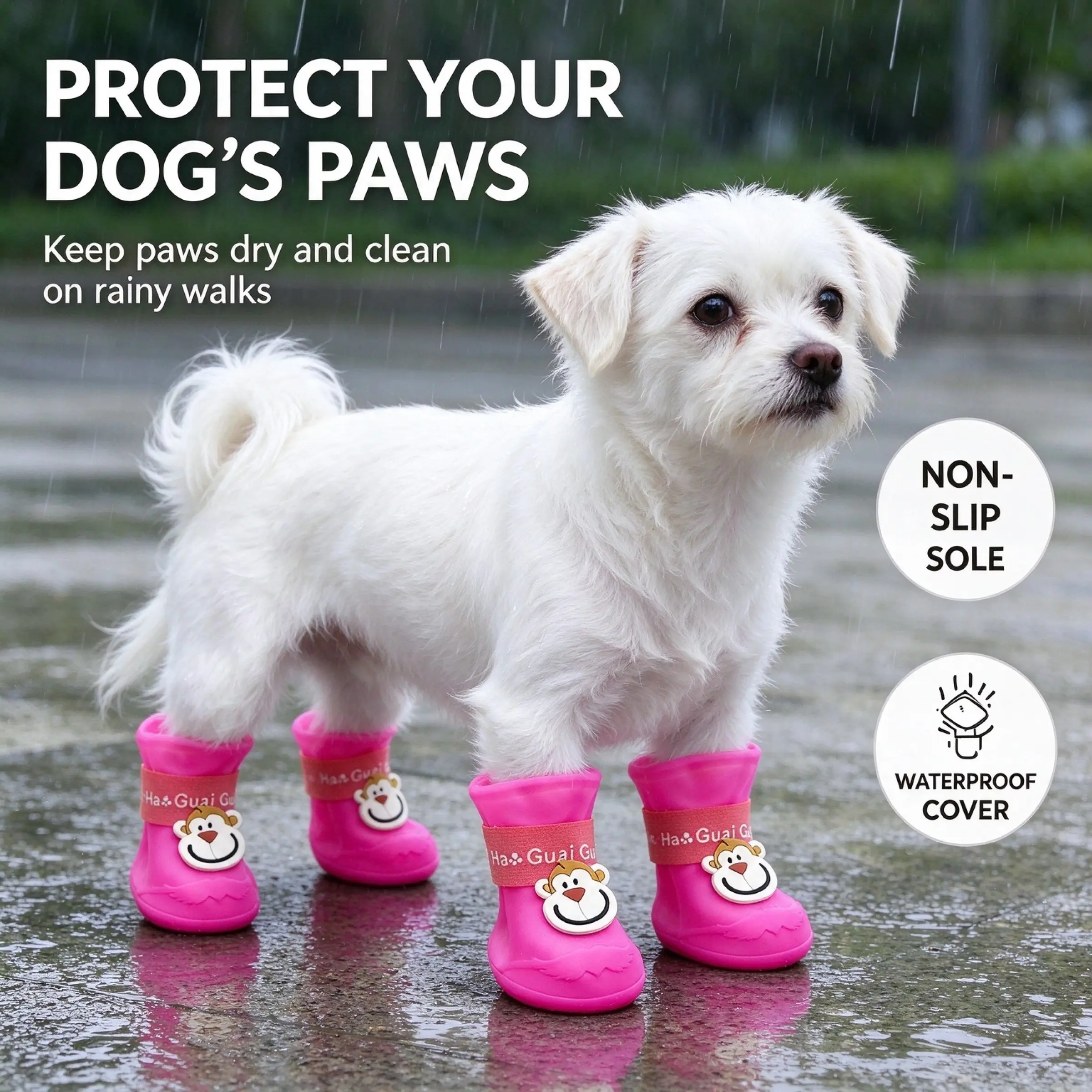 Cute Monkey Cartoon Dog Rain Boots, Waterproof Silicone Puppy Rain Shoes, Velcro Strap Non-Slip Adjustable, Medium Small Dogs, 4 Pairs