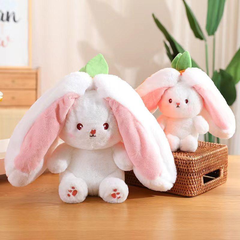 Reversible Strawberry Bunny Plush Toy, 2-in-1 Transformable Cute Rabbit Stuffed Doll, Kawaii Food Animal Plushie Gift for Kids