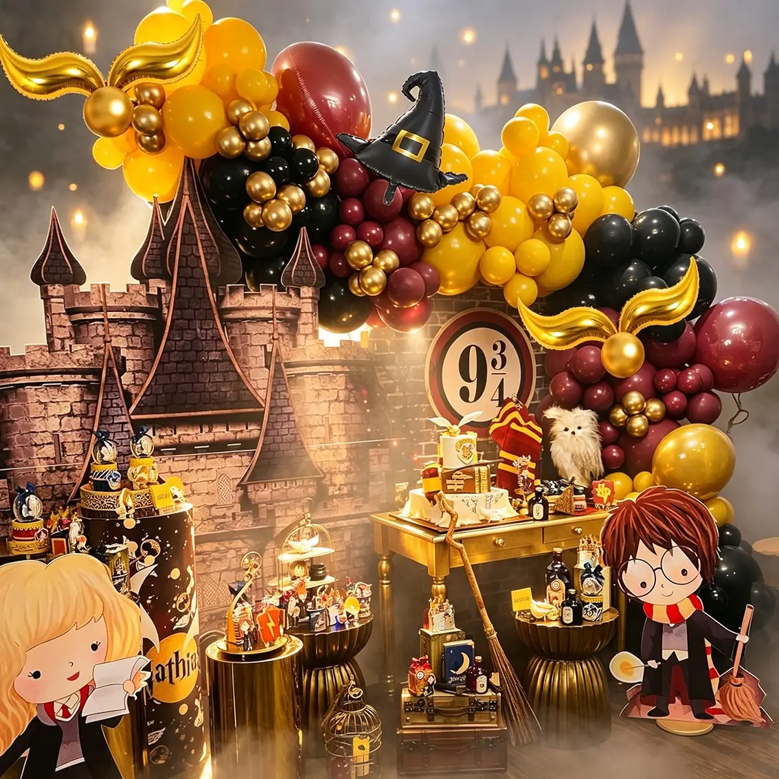 Harry Potter Theme Balloon Set, Hogwarts Magic School Wizard Hat, Gold Quaffle Balloons, Gold Colors, Birthday Party Decorations