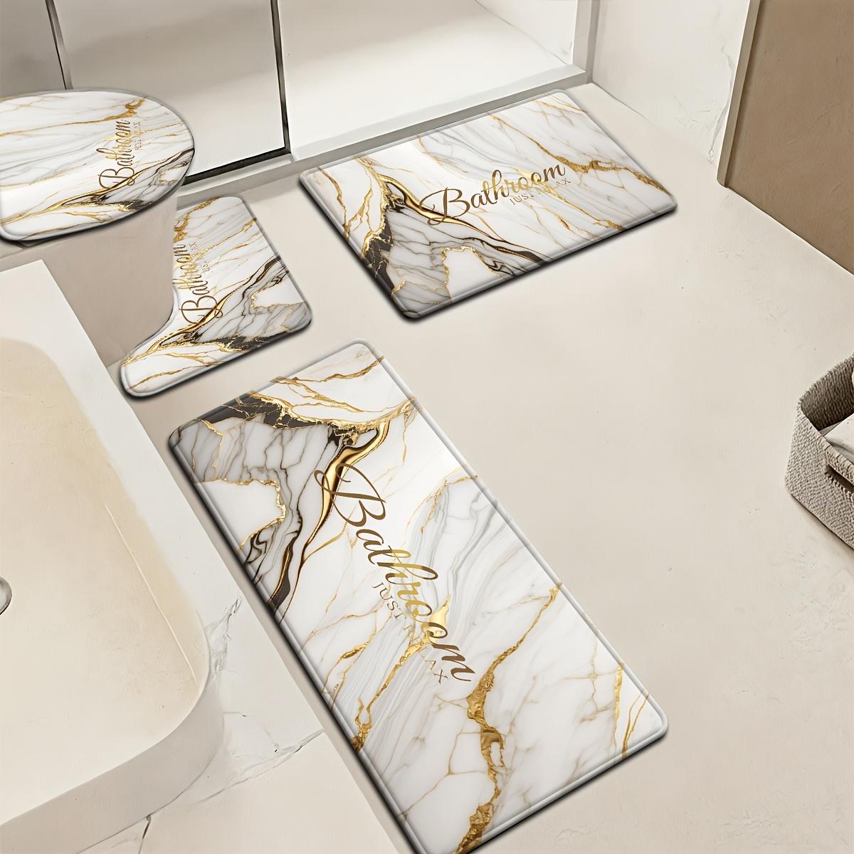 4-Piece Marble Pattern Bathroom Rug Set, Abstract Swirl Ink Fluid Art Bath Mat with "Just Relax" Print, Non-Slip Absorbent Bathroom Accessories with Toilet Lid Cover & U-Shaped Mat for Modern Bathroom Decor