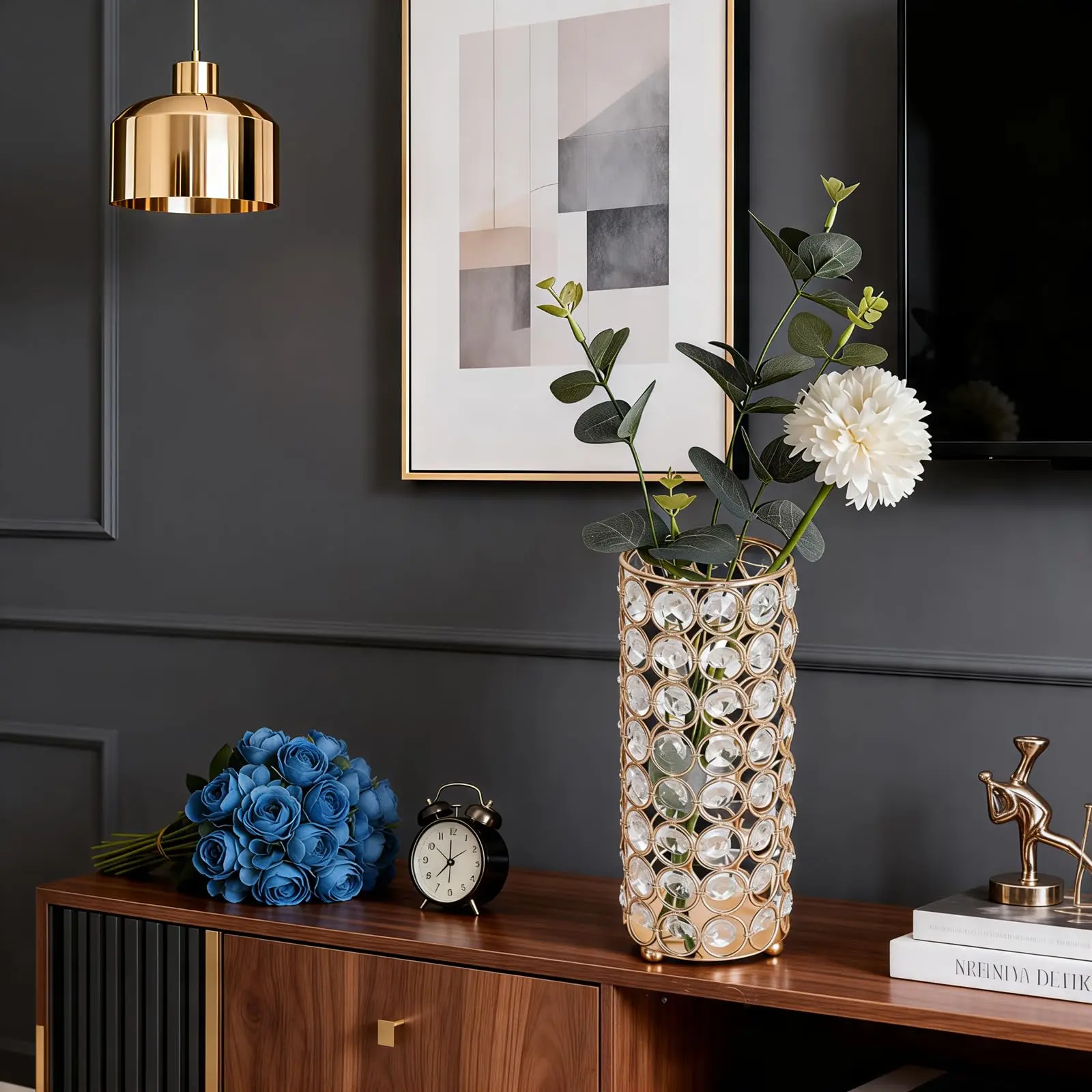 Hollow Metal Decorative Crystal Column Vase-Candle Holder, Cylinder Flower Display Tabletop Centerpiece for Weddings, Home Decor