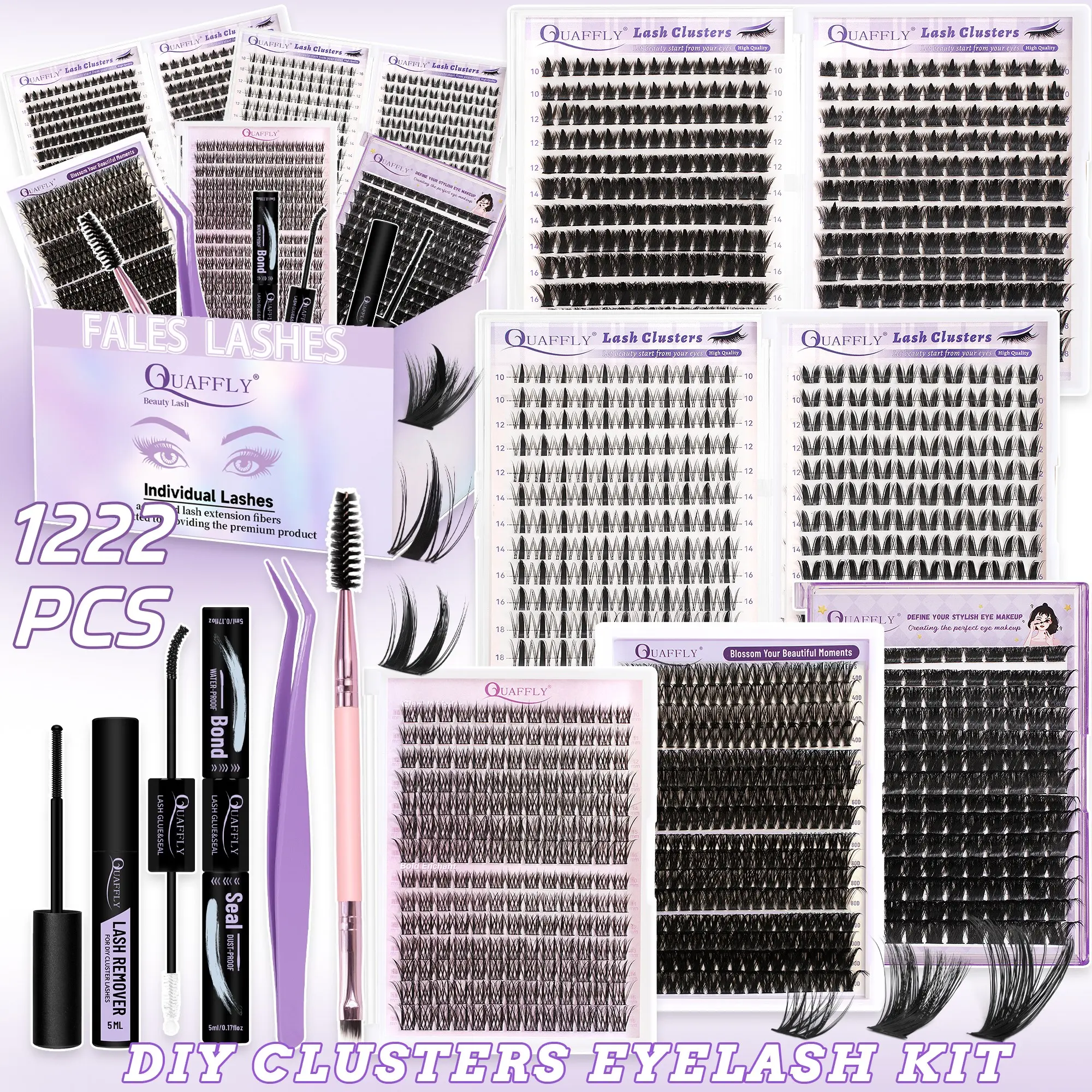 DIY Eyelashes Extension Kit  1222Pcs Individual Cluster Lash Extensions Kit Wispy/Manga/Natural Eyelash Clusters with Lash Bond and Seal Lash Remover Tweezers and Brush  Mix Styles Lashes Clusters Kit