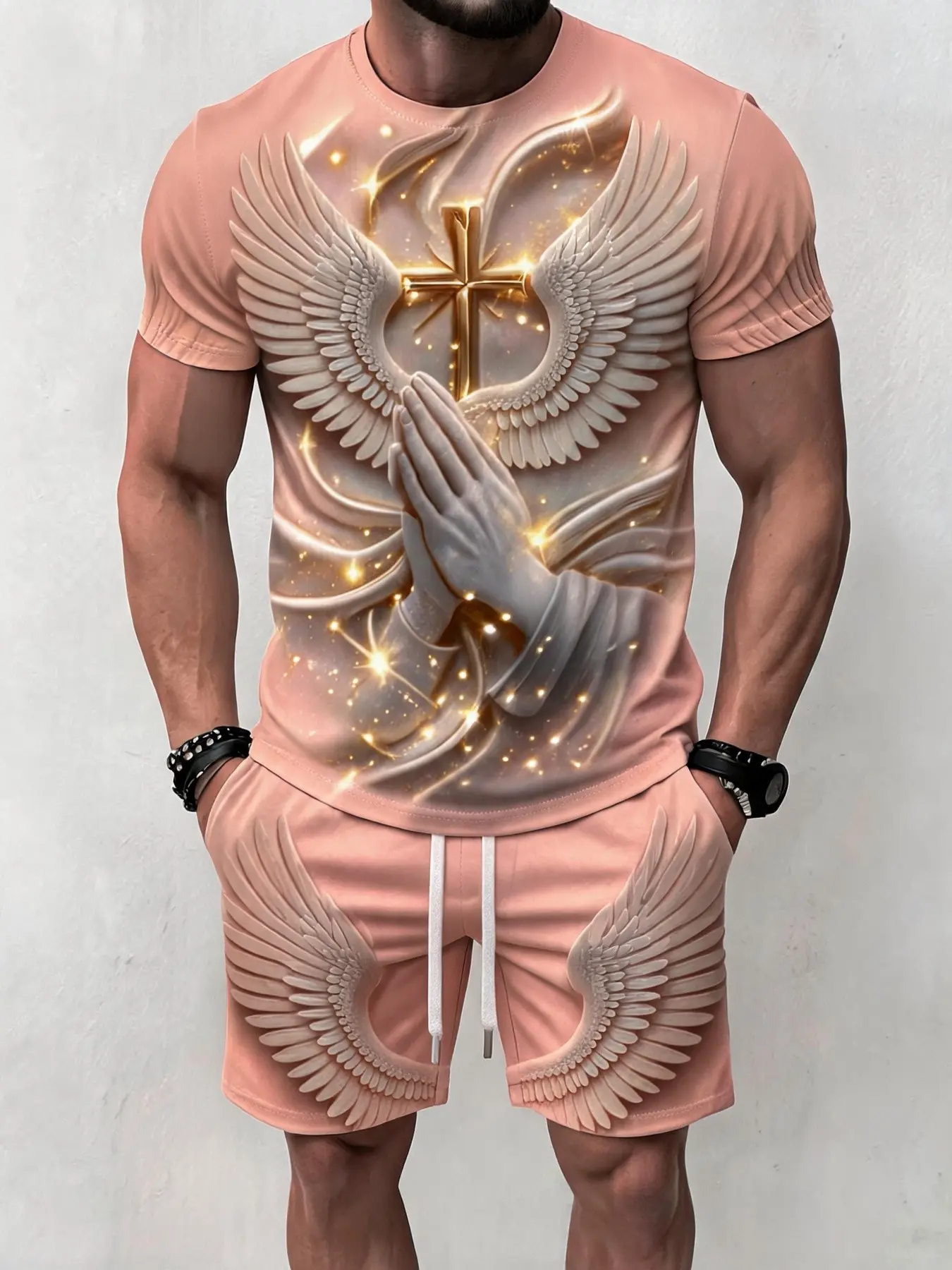 Men's breathable summer two-piece set, retro casual cross wing print set, trendy vacation commuting clothing