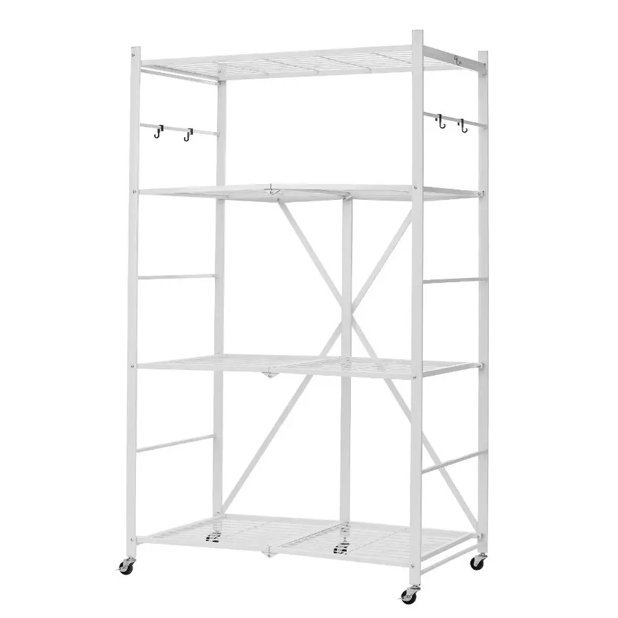 VEVOR 4-Tier Foldable Storage Shelf, 36Wx 21Dx 60 H Inch Folding Metal Rack Shelving Unit, No Assembly Organizer Shelf with 5 Wheels 4 Hooks for Pantry, Kitchen, Garage, Basement, White, 4-Layer, Portable
