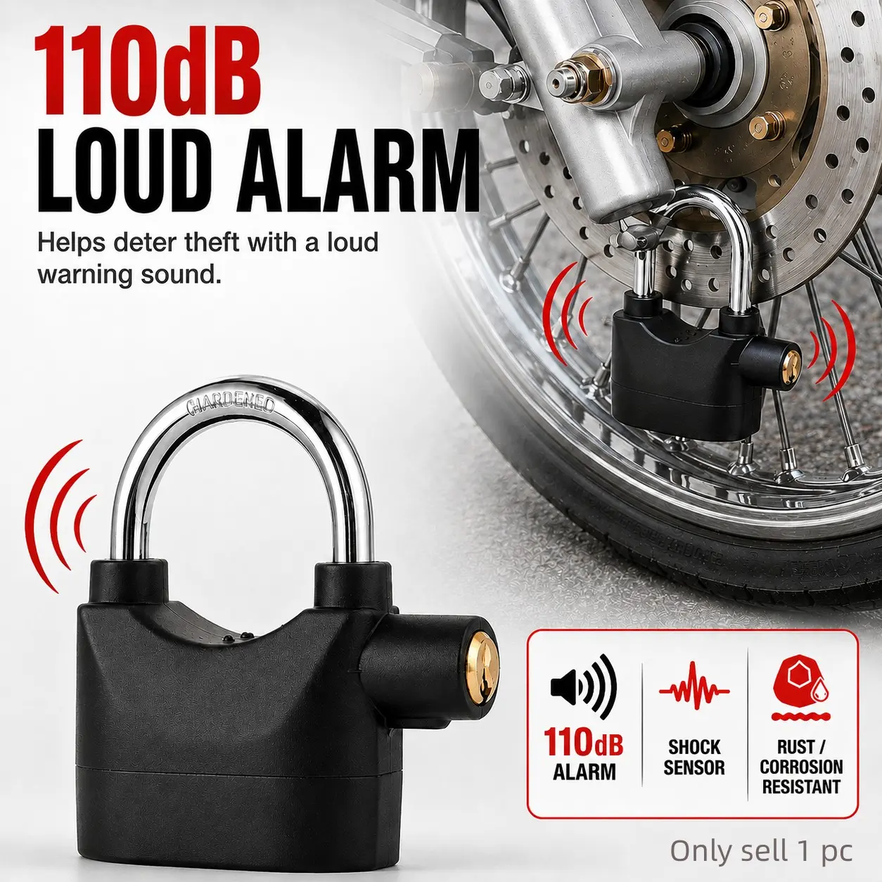 110dB Alarm Padlock with 3 Keys, Shock Sensor, Outdoor Anti-Theft Secure Lock for Garages, Gates, Fences, Sheds, Tool Boxes, Storage Units, Bicycles, Motorcycles, Motorbike and Trailers