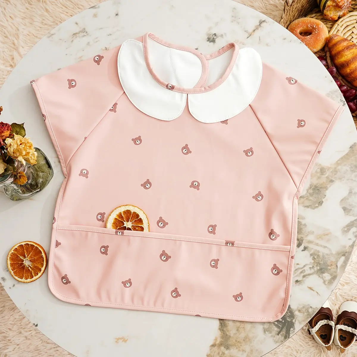 Cute Floral Print Waterproof PU Long Sleeve Baby Smock, Peter Pan Collar Full Coverage Feeding Bib with Food Catcher Pocket, Wipe Clean Toddler Eating Apron, Toddler Bibs