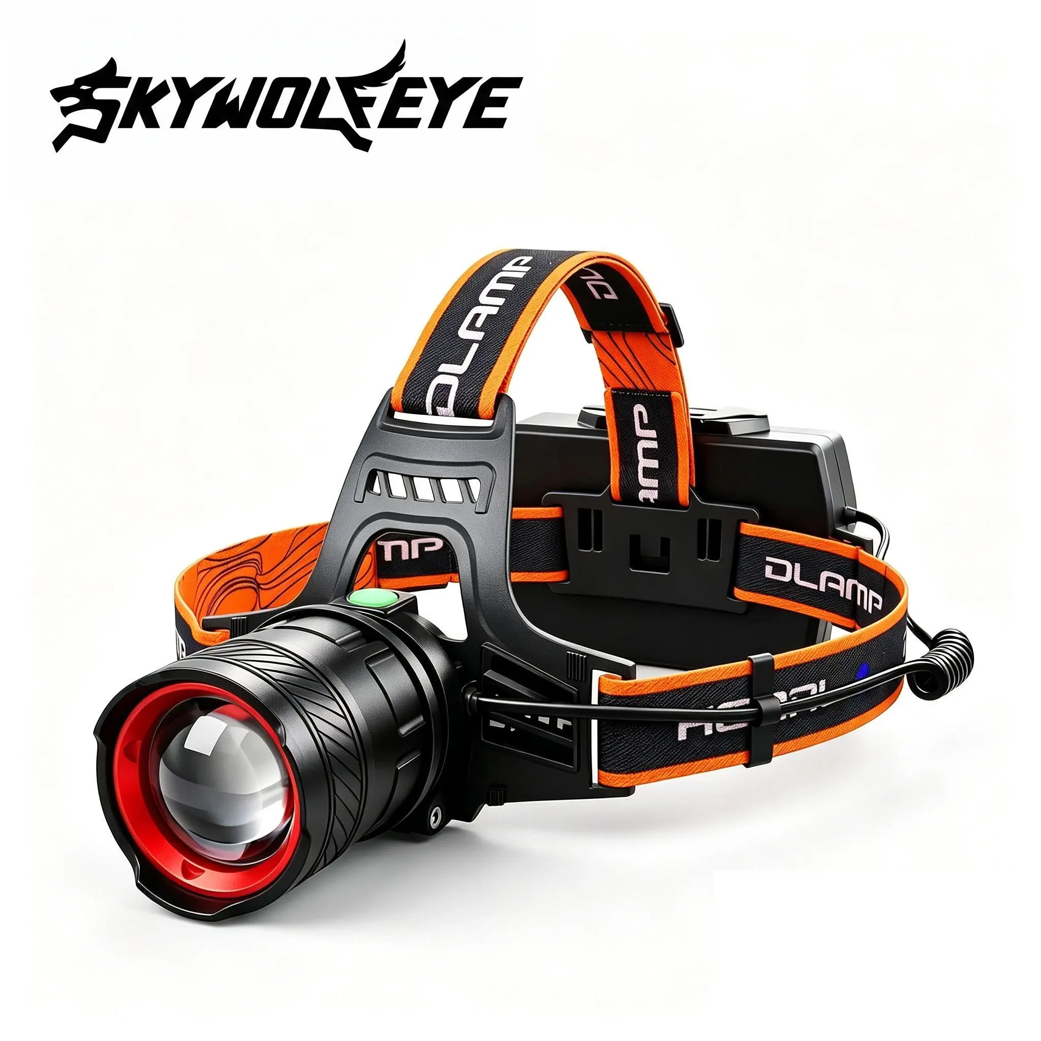 SKYWOLFEYE Tactical Headlamp for Adults with Adjustable Elastic Headband, Rechargeable High Lumens White Laser LED Light with Zoom & Battery Power Bank for Camping, Zoomable Tactical Flashlight, Portable Spotlight, Charging Cable, High Luminance