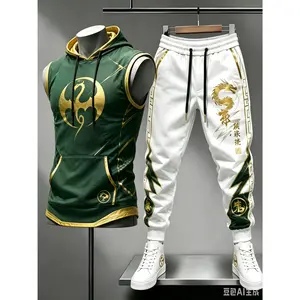 New men's Chinese Golden Dragon two-piece suit, sleeveless hoodie and jogging pants suit, new Chinese street sports style various other occasion summer wear fitness  mens outfit set