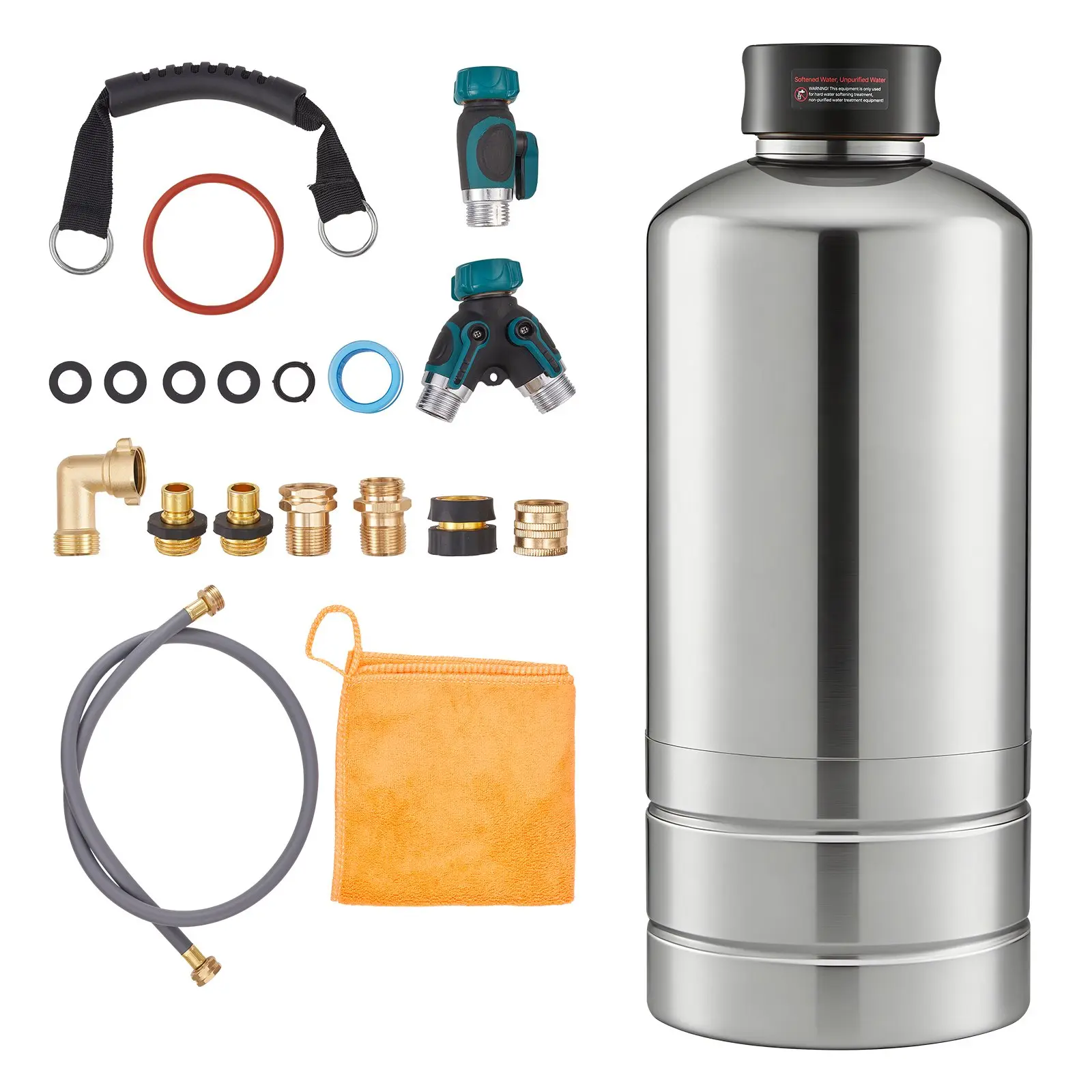 VEVOR Portable RV Water Softener, 16000 Grain, 3/4"-NPT Fittings, Food-Grade Resin, Stainless Steel, Quick Connect, Municipal Water Compatible, 1500 Gal/5678 L, Camping, Car Washing, Improves Soap Lather, Extends Appliance Service Life