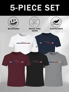 5-Pack Men's Moisture-Wicking Short Sleeve T-Shirts, Letter Print & Striped Neck Design, 5 Colors, Summer Outdoor, Beach, Training, Casual Wear