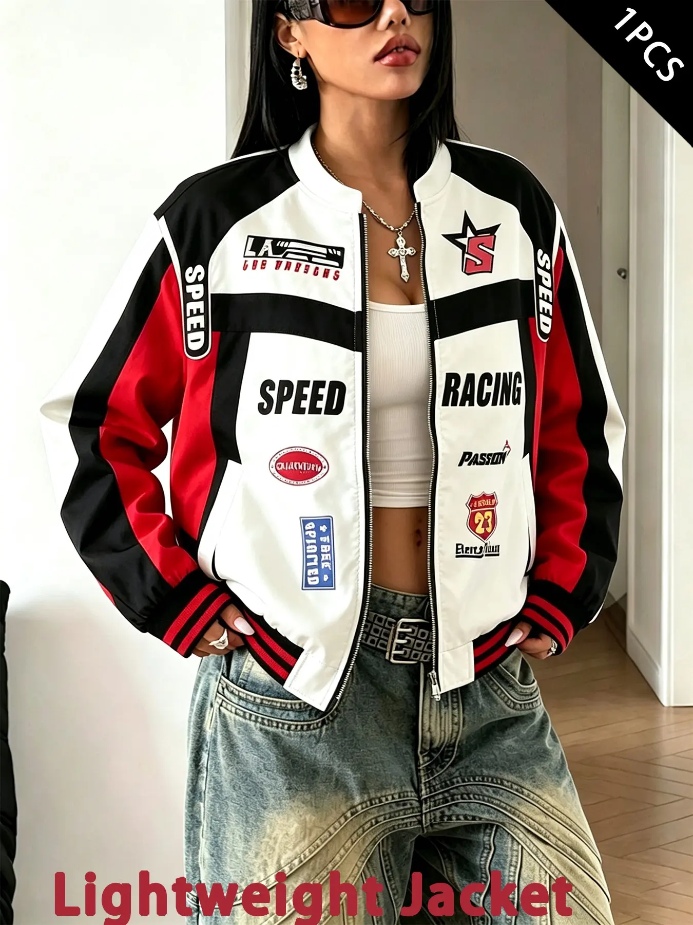 Unisex Y2K Street American Retro Racing Stand-Collar Motorcycle Tri-Color Short Loose Zipper Jacket Lightweight Coat, SPEED Badge Print, American High Street Hip-Hop Style, Suitable for Racing, Outdoor Parties, Music Festivals, Spring-Autumn Fashion Trend