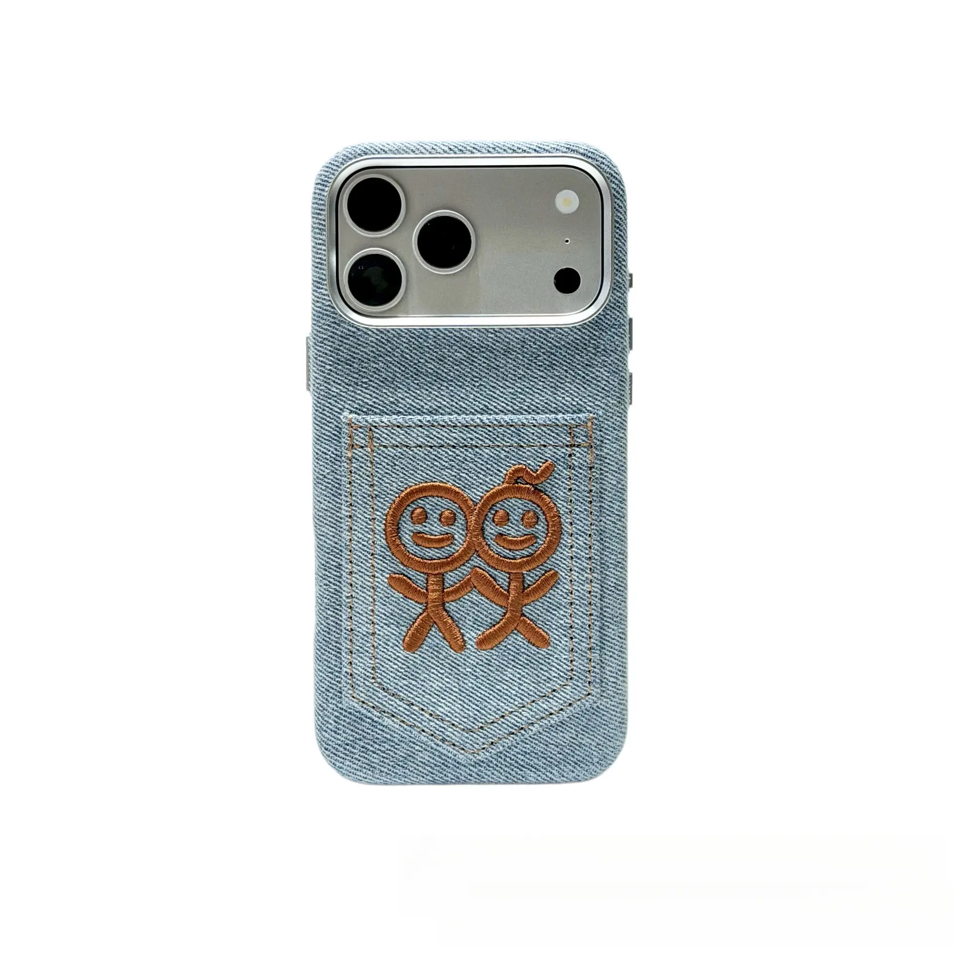 Denim Phone Case with 3D Heavy-Duty Embroidered Figure Card Holder for iPhone 17 Pro Max, Black Pocket Card Holder Accessory, Embroidered Figure - Black