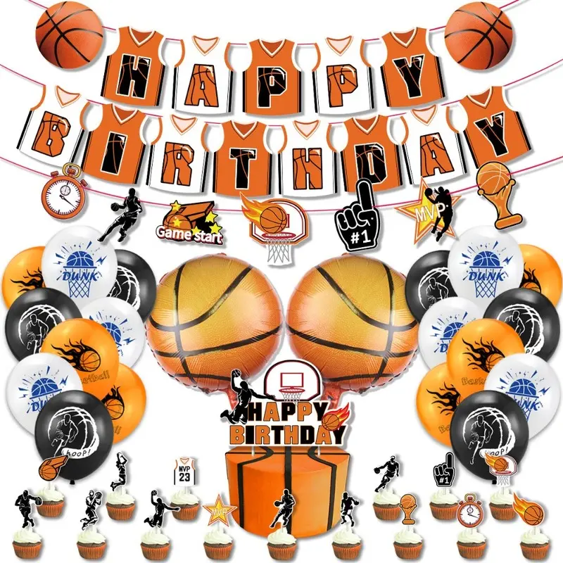 Basketball Happy Birthday Party Decorations Set, Basketball Banner Balloons Cupcake Toppers, Sports Themed Photo Booth Props, Boys Kids Men Birthday Party Supplies Pack