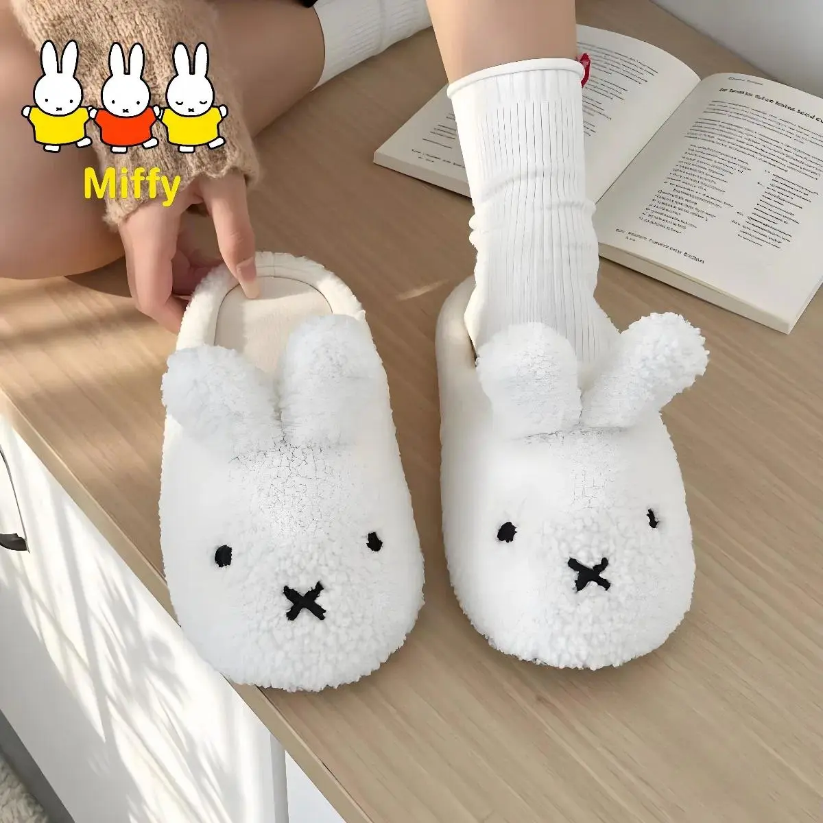 Kawaii Miffy Rabbit Slippers Fluffy Miffy Rabbit Cotton Slippers Princess Style Home Indoor Warm Headband Softsoled Cotton Shoes