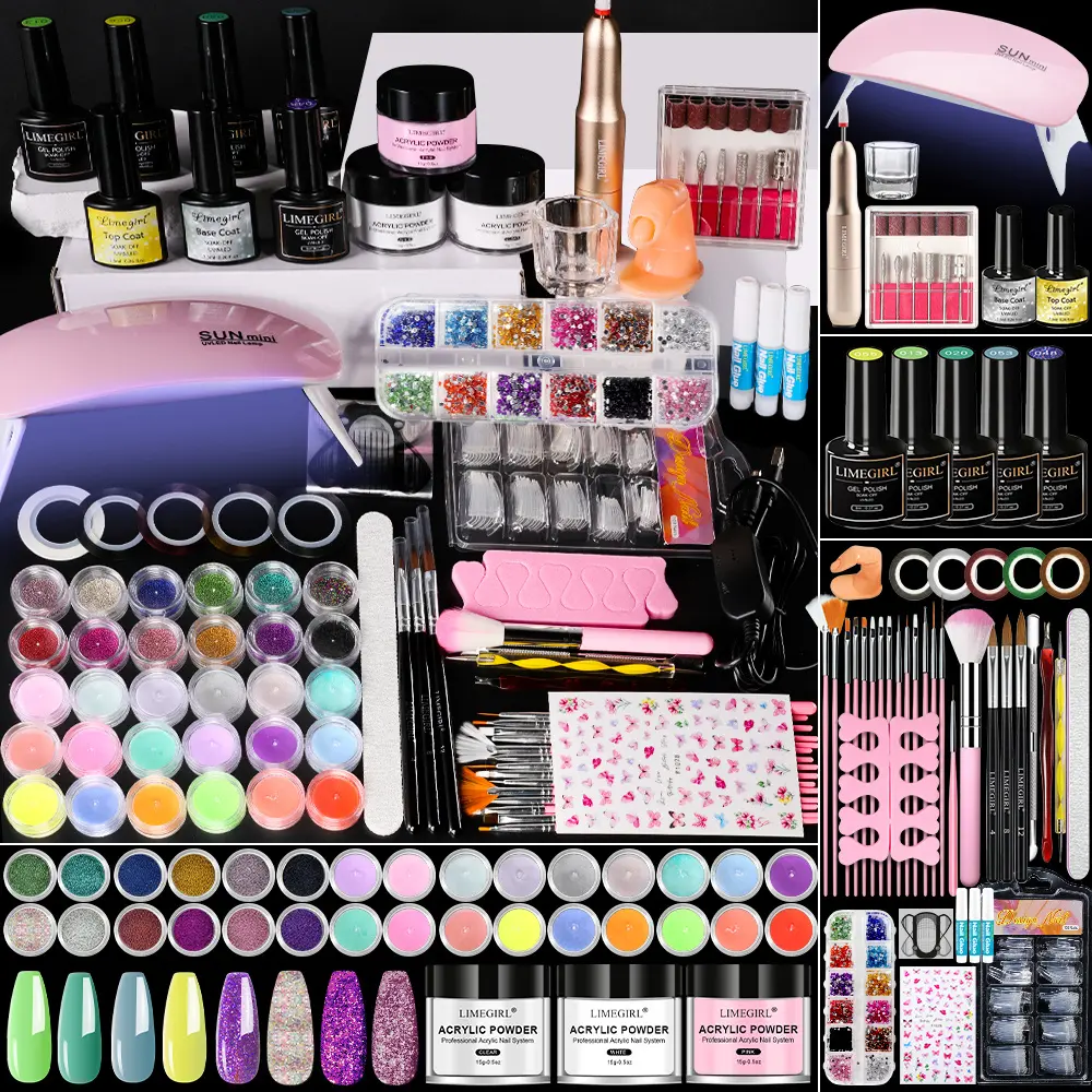 Acrylic Nail Kit for Beginners with Complete Professional Acrylics Powder 7pcs Gel Nail Polish 30pcs Glitter Decoration Powder Nails Kit Acrylic Set with Drill Light Gifts for Women