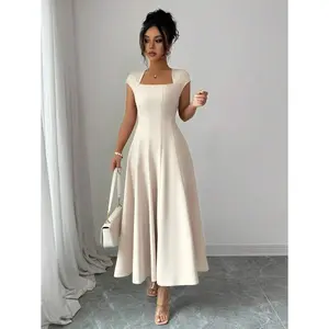 Women's Elegant Square Collar Cinched Waist A-Line Midi Dress, Casual Vacation Style For Spring & Summer, Suitable For Commuting, Beach, Music Festival, Oktoberfest