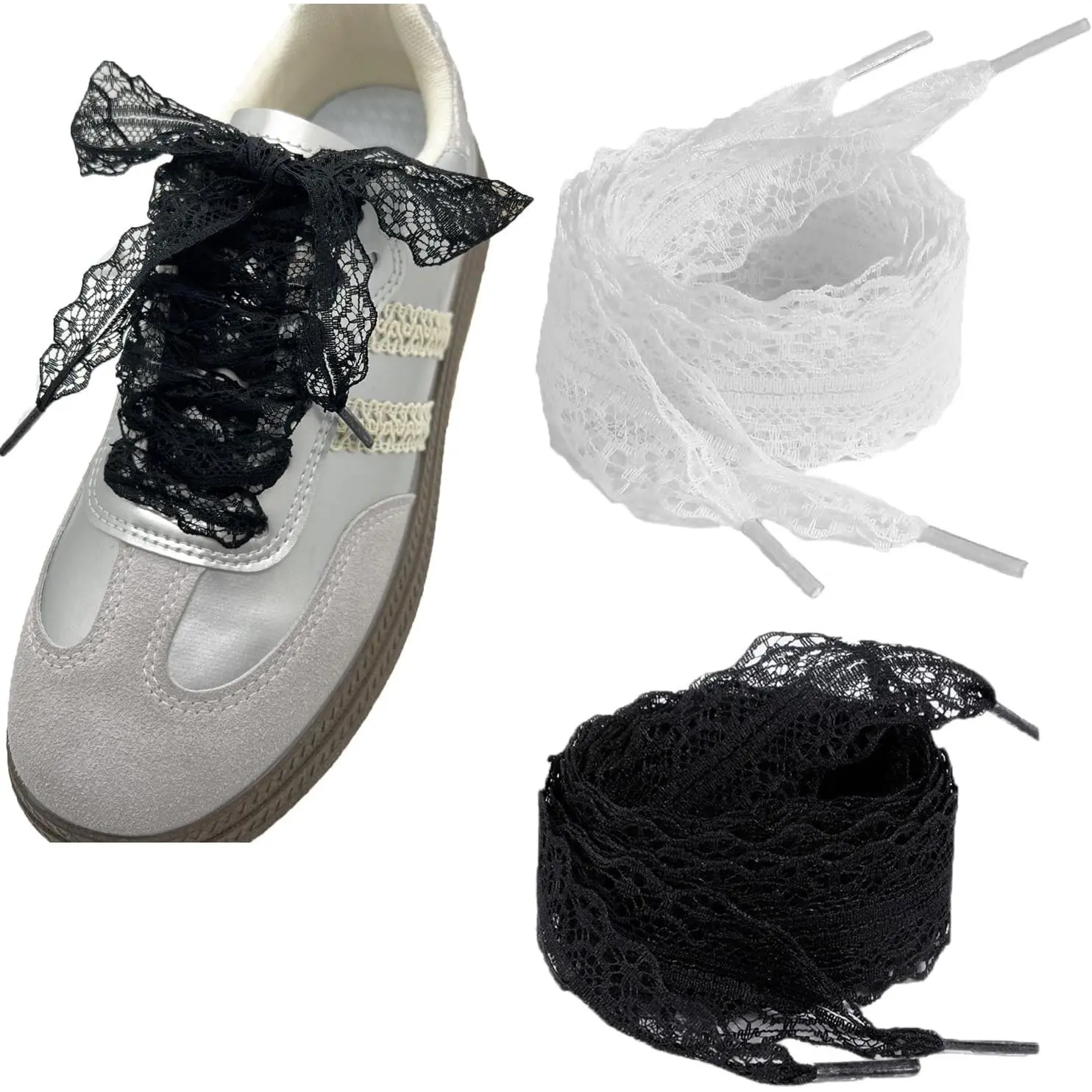 2 Pair Lace Shoelaces 1 Inch Wide String Cute Feminine Lace Flat Shoe Laces for Sneakers Women Girls Daughter  Trainer Low-Top Canvas Sneaker Slip  Casual Walking Shoes Tennis Shoes