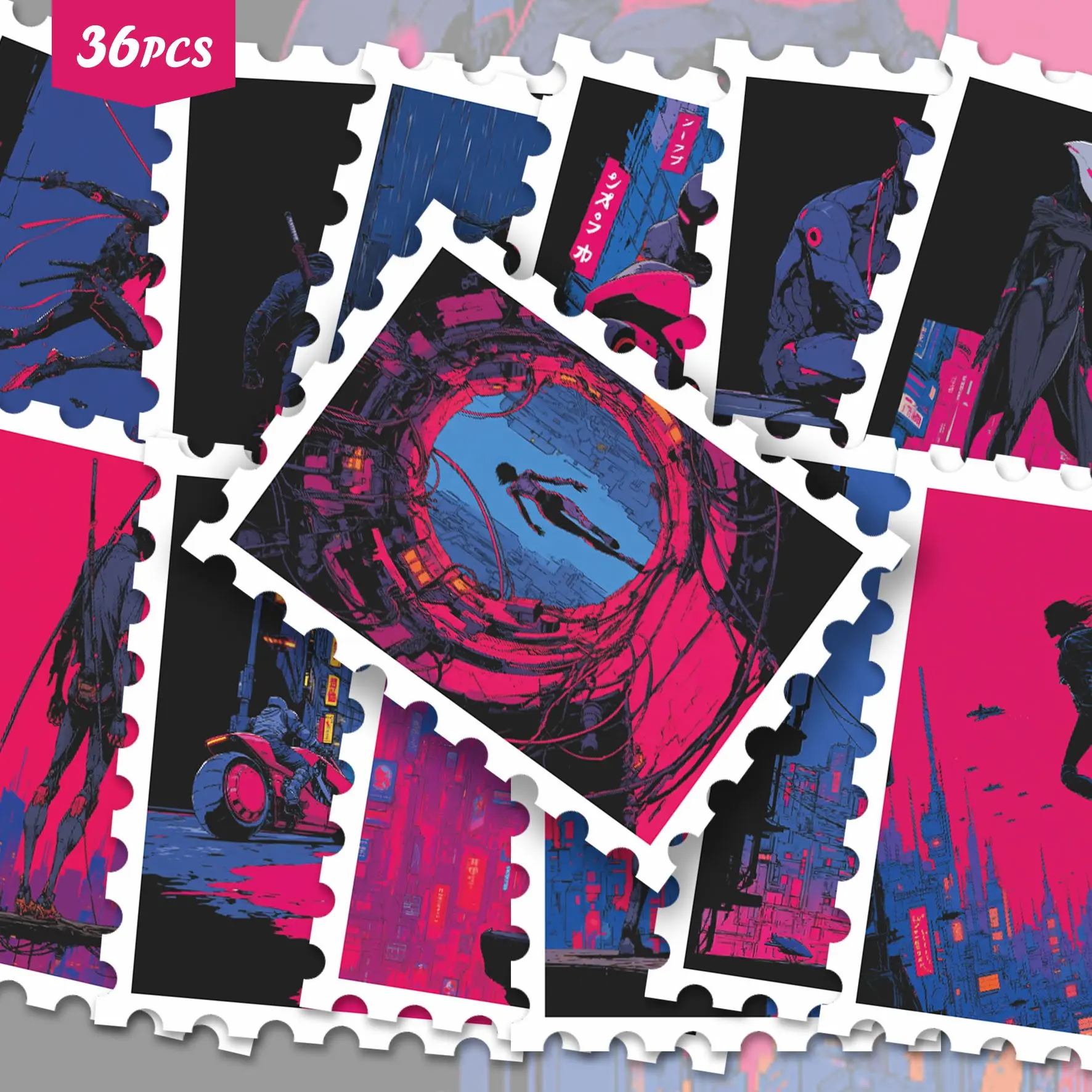 36pcs Cyberpunk Ninja Stickers Pack | Aesthetic Neon Samurai & Futuristic Cityscape Graphics | Vinyl for Water Bottles & Tablets