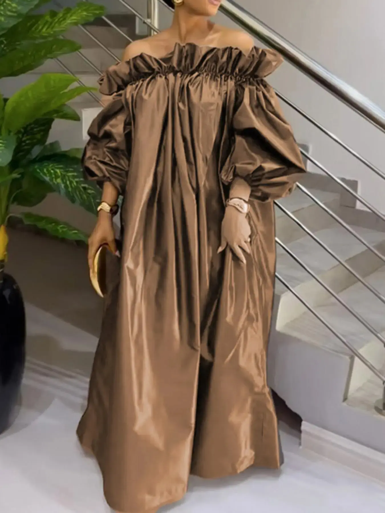 Women's Off Shoulder Ruffle Trim Long Dress, Chic Stylish Elegant Bishop Sleeve Long Sleeve Dress for Party Holiday Wedding Guest, Ladies Spring & Fall Clothes, Holiday Dresses, Wedding Guest Dress,  Formal Event Dress, Womenswear