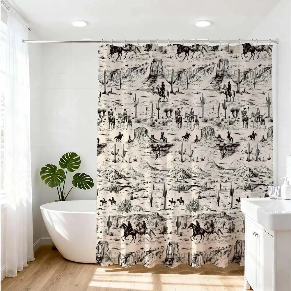 1pc Single Polyester Rustic Western Waterproof Decorative Shower Curtain - Cowboy Theme Bathroom Accessory with Vintage Desert Landscape, Black and White Printed Patterns for Classic Home Bathroom Decoration, Black And White Shower Curtain