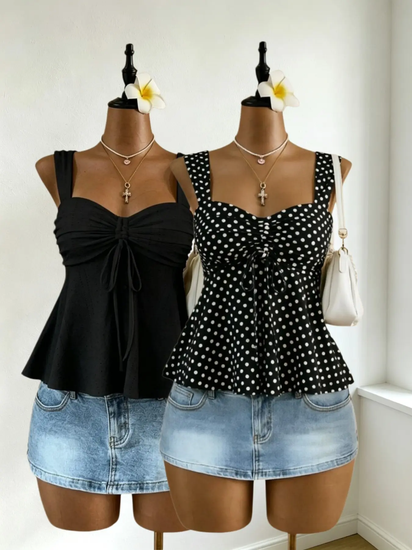 Two-Piece Hollow Out Embroidered Wide Strap Top, Adjustable Front Tie Ruched Bustier, A-Line Umbrella Skirt Vacation Style Outerwear Tank Top