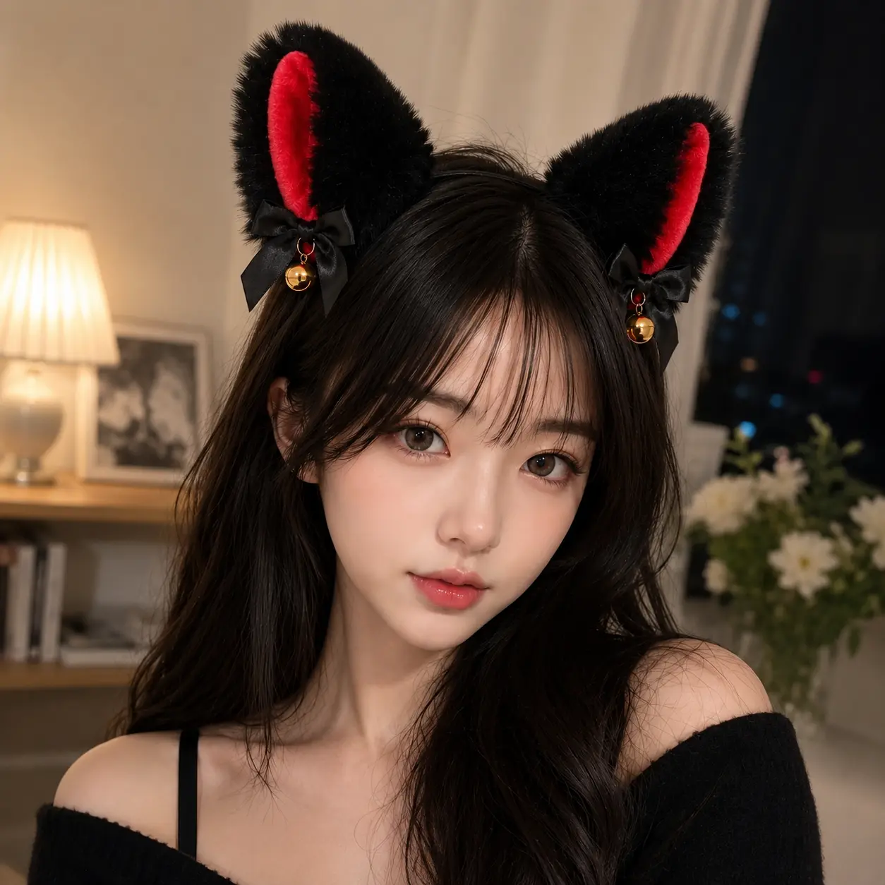 Plush Fabric Halloween Theme Cat Ear Headband for Women - Black & Red, with Bells, Anime Look, Female Fit, Party Wear Cosplay Hair Accessory