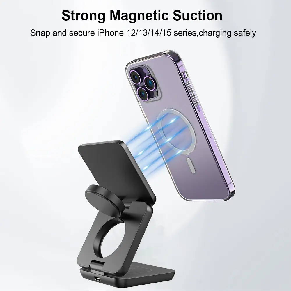 Wireless Induction Bluetooth Speaker Stand Charger 3 in 1 Foldable Magnetic Wireless Charging Station for iPhone 15 14 13 12 Pro Max Apple Watch 8 9 Charger