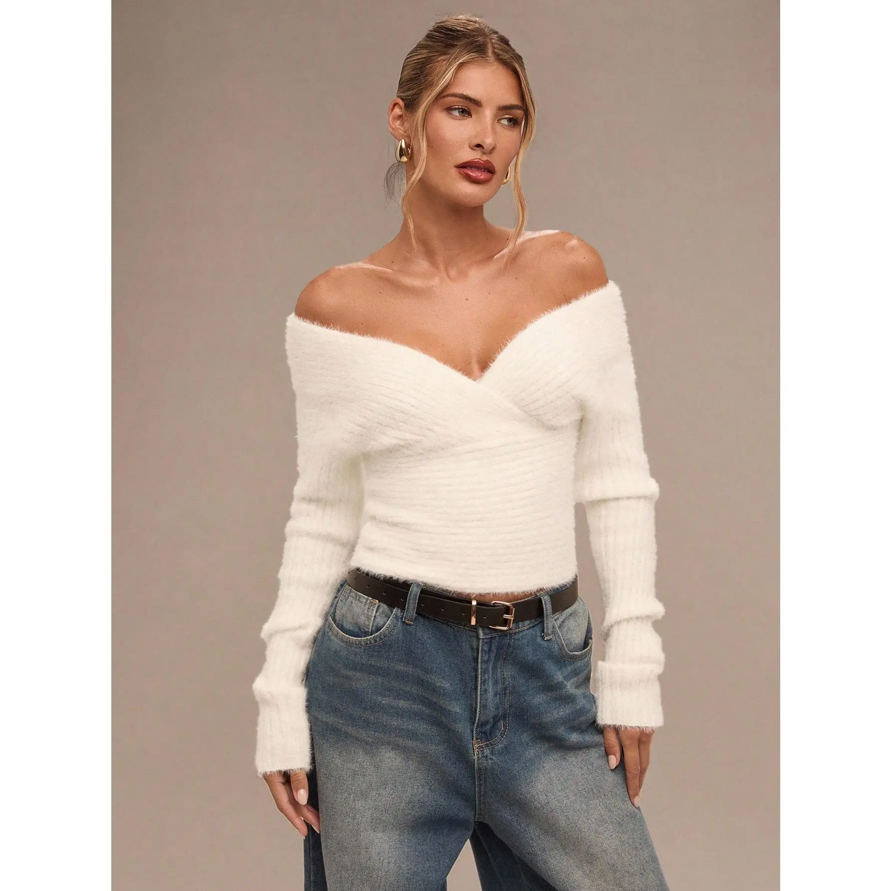 Women's Elegant Off-Shoulder Rib Knit Top - Minimalist Basic Long Sleeve, Fuzzy Texture Shawl Design, Premium Fabric for Winter Casual-Evening Business Wear