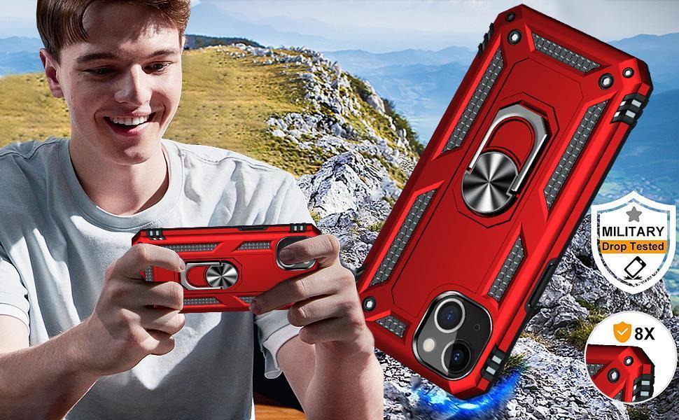 for iPhone 13 Case, Case iPhone 13 with HD Screen Protector, Military Grade Protective Cases with Ring for iPhone 13 (Red)