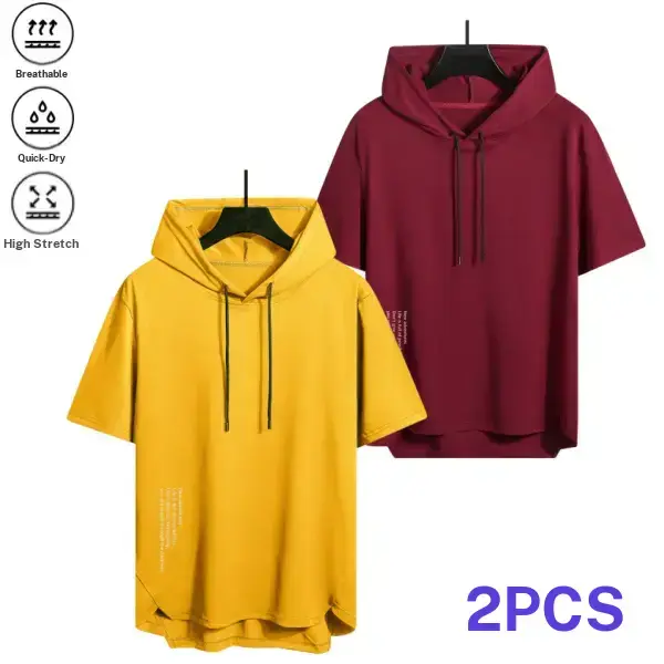 Men’s two pack hooded short sleeve T shirts, trendy casual athletic style, breathable quick dry, highly elastic, skin friendly, drawstring hood with curved hem, versatile tops for gym, commuting, and home wear