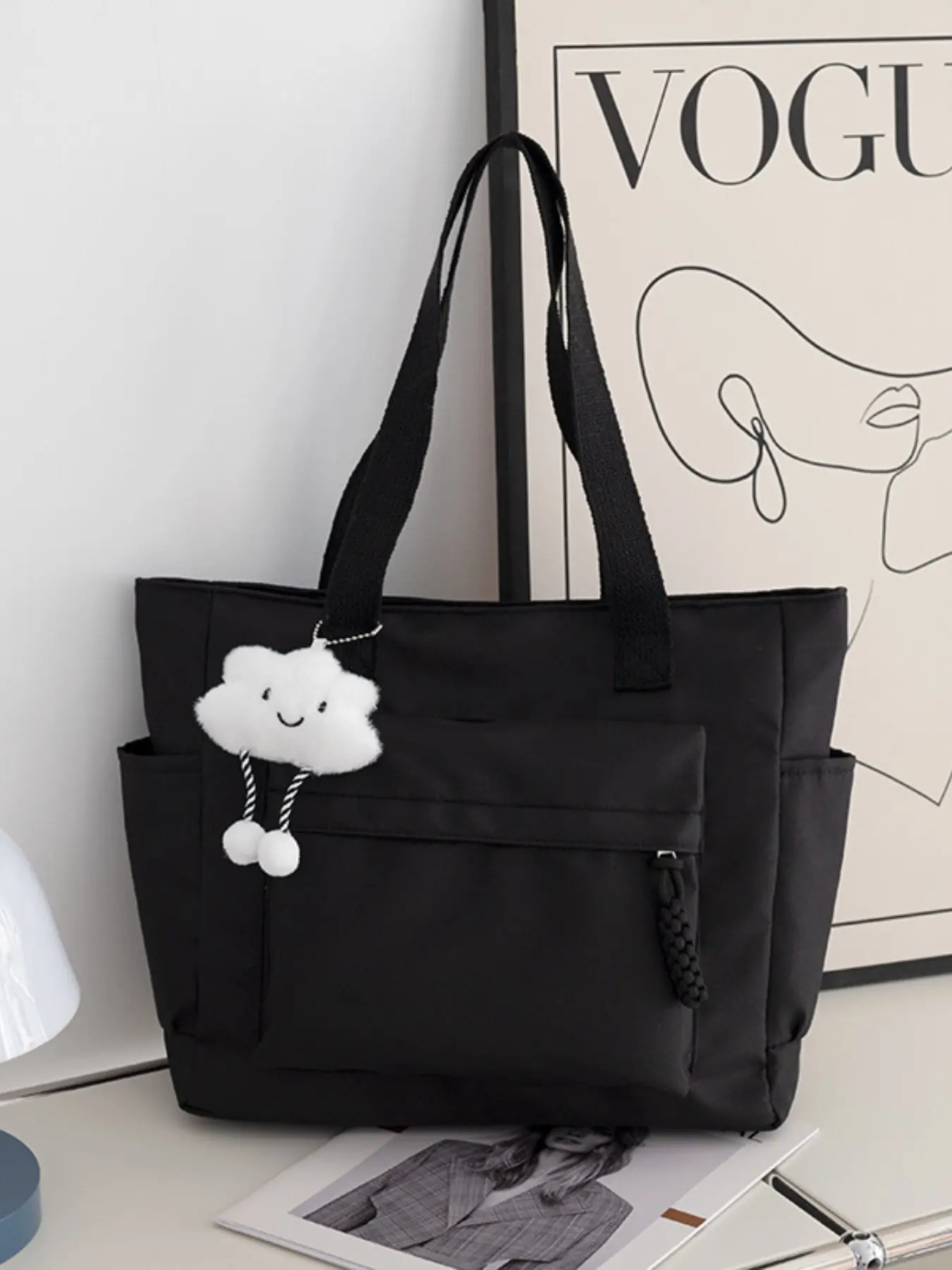 Large Capacity Tote Bag with Cute Cloud Charm, Multi-Layer Shoulder Handbag, Student Commute Travel Shopping Daily Use, Book Tablet Organizer