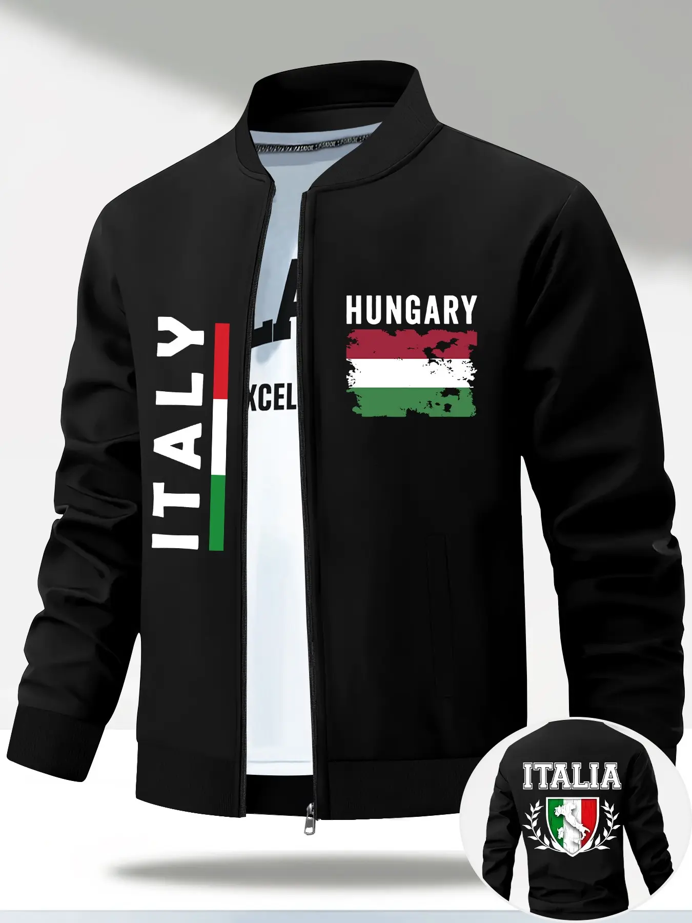 Baseball Collar Zipper Jacket, Regional Names Vertical Text, Vintage Flag Pattern, Wheat Ears Shield Logo, Casual Long Sleeve