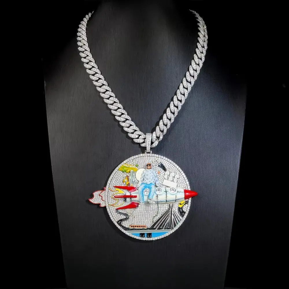 Men Hip Hop Oversized 3D Iced Out Round Medallion Pendant, Copper Base Full Paved Cubic Zirconia, Colorful Enamel Rocket Character Space Theme Bling Rap Statement Charm Jewelry