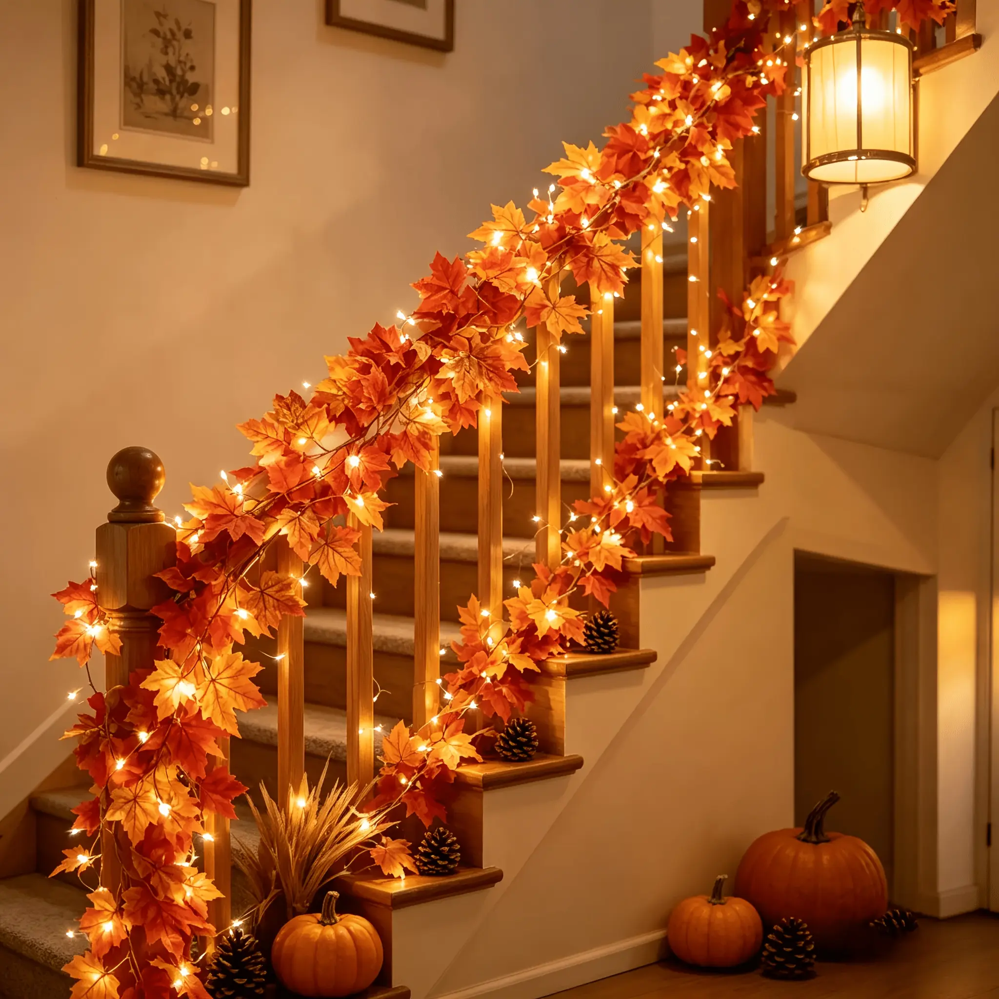 6-piece Autumn Halloween Thanksgiving Decoration Set (includes 3 artificial maple leaf garlands and 3 LED light strings), 180.1 cm / 70.9 inches realistic orange-red maple leaf wreath, suitable for wedding and home party decoration