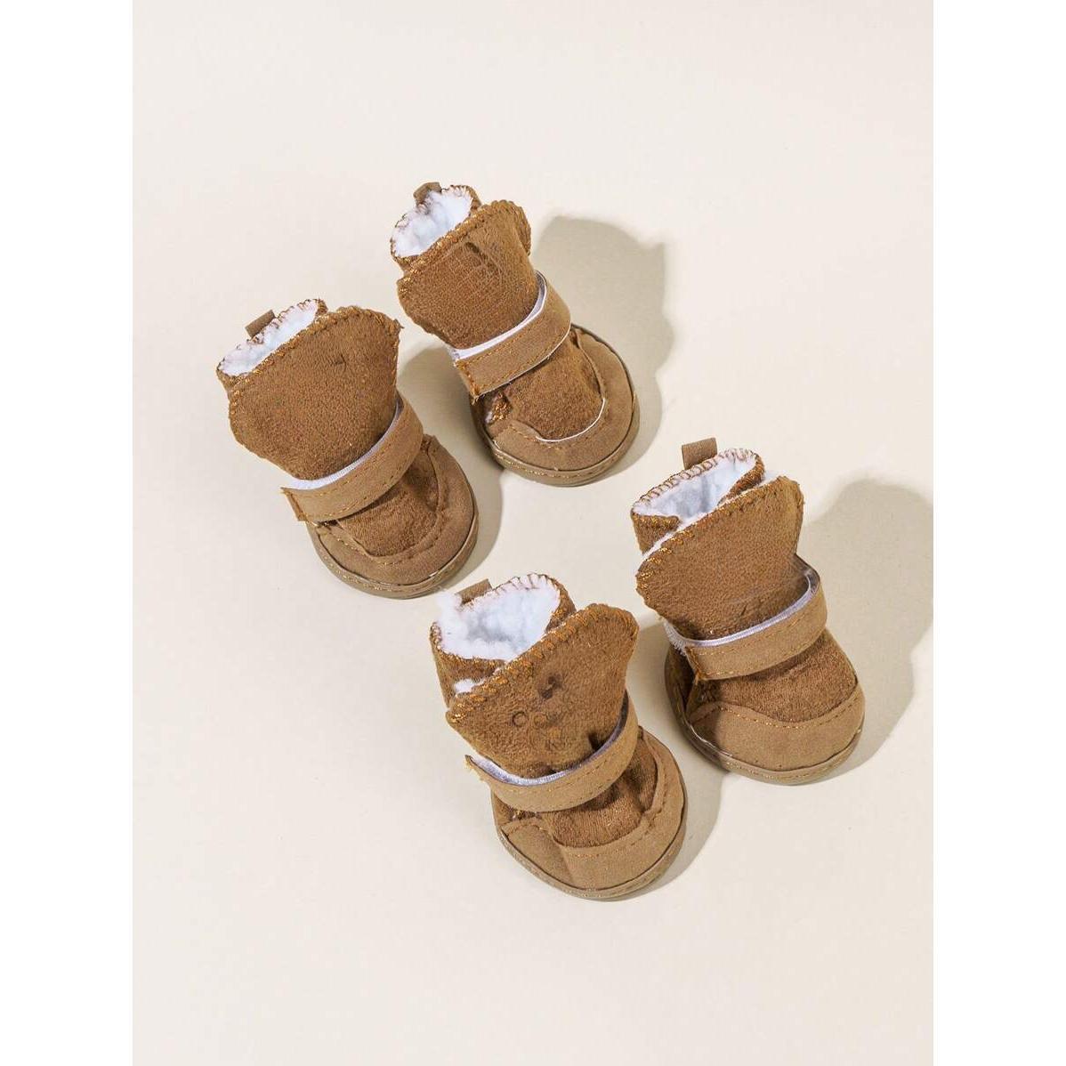 4pcs Plus Fleece Thick Pet Snow Boots Brown Polyester Universal Fit for Small Medium Cats Dogs Indoor Outdoor Wear Kitten Shoes Winter Outfits