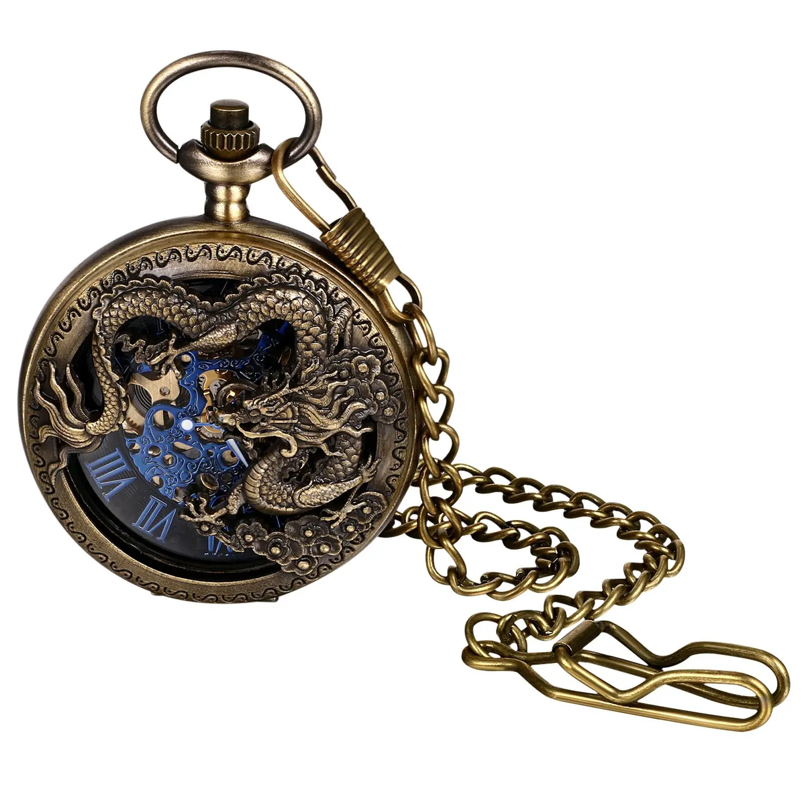Men's Steampunk Dragon Carved Alloy Automatic Mechanical Pocket Watch, Durable Quartz Casual Pocket & Fob Watch with Pendant Chain for Gifting, Casual Pocket & Fob Watches