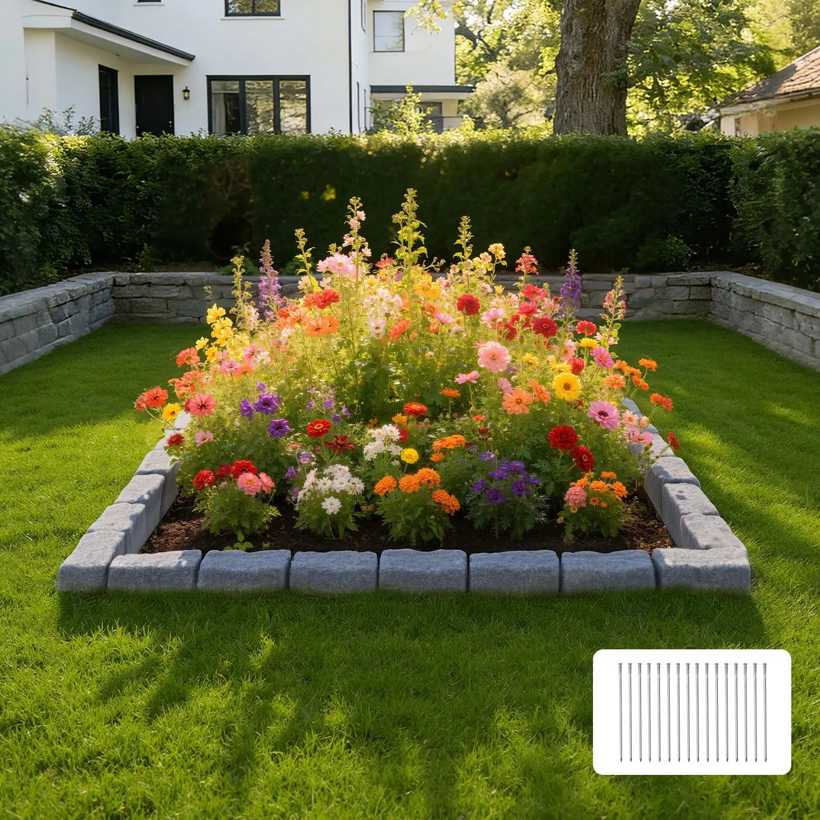toolupgrade VEVOR 15.5 ft Modular No-Dig PE Plastic Interlock Bend Faux Stone Circle Edging Kit (4-Pack, 6 Bricks/Section, 46.46"Lx3.74"Wx2.24"H) with 16 Spikes, 4 Corners, Gray, Assembly Guide for Lawn, Flower Beds (DIY Users), Circles