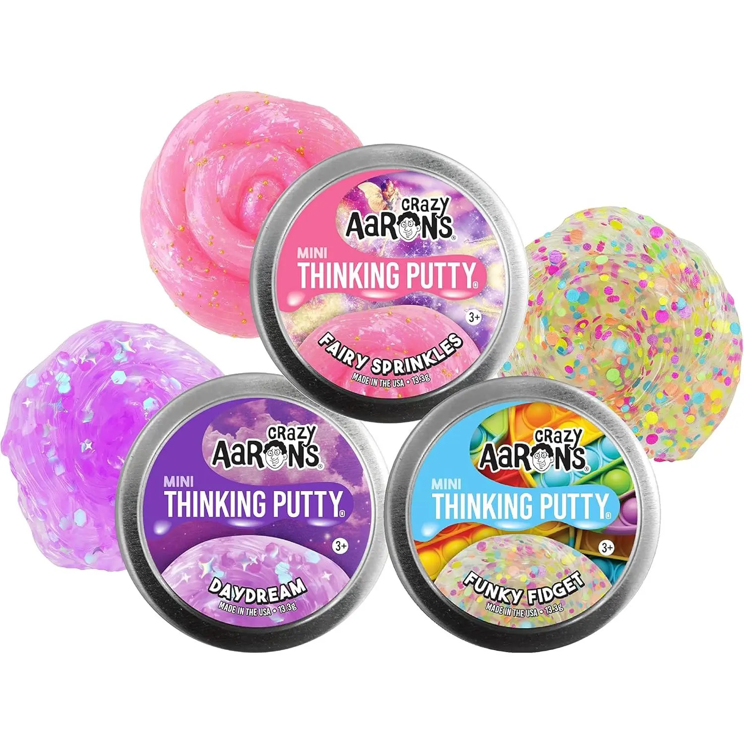 Crazy Aaron's Putty Mini Tins Funky Fidget, Daydream & Fairy Sprinkles Gift Set Bundle - 3 Pack (13.3g Each)