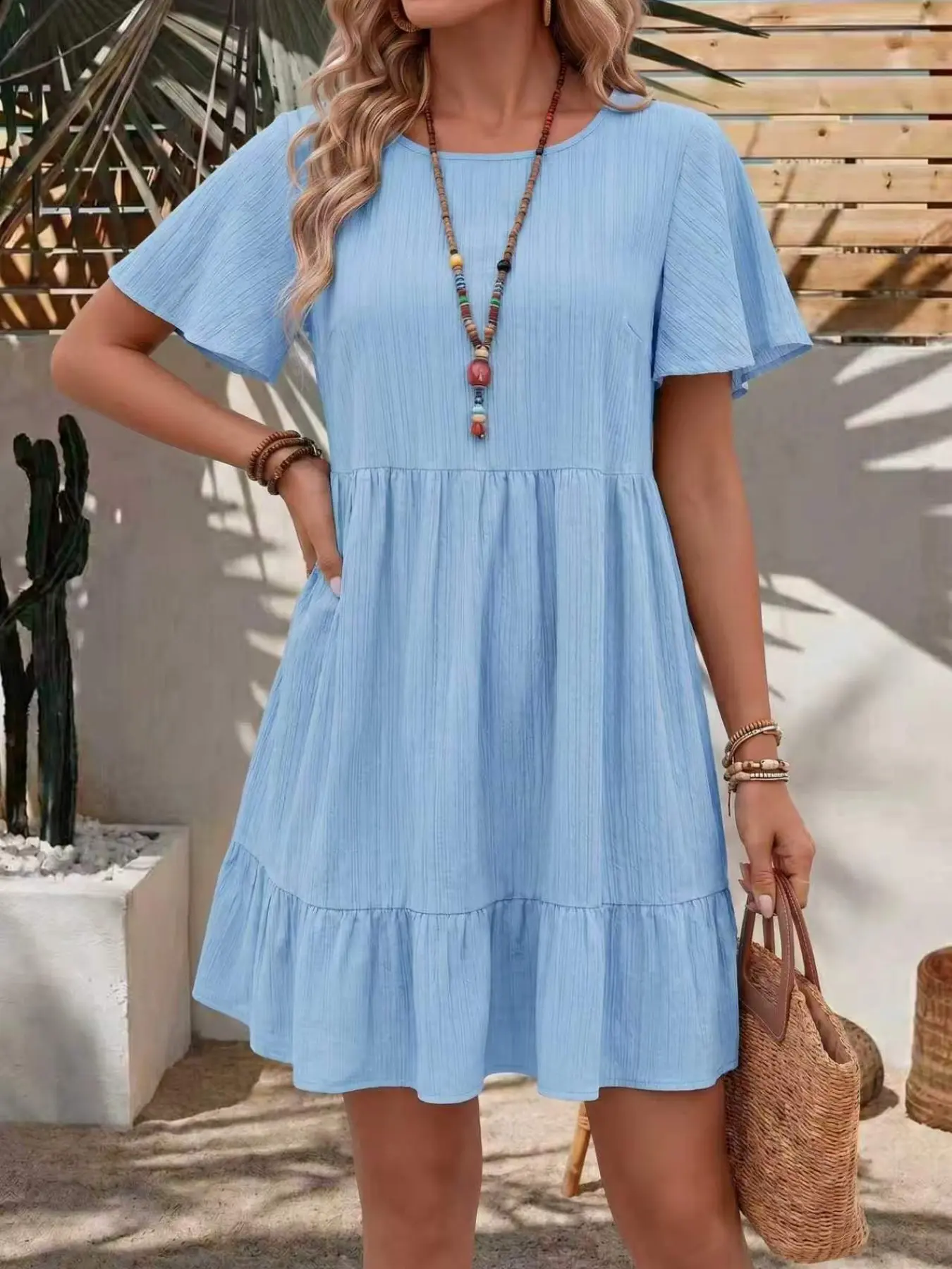 Women's Light Blue Layered Dress, Short Sleeve Ruffled Hem with Pockets, Flowy Casual Mini Dress, Perfect for Summer, Vacation, Street Style, Casual Beach Sundress