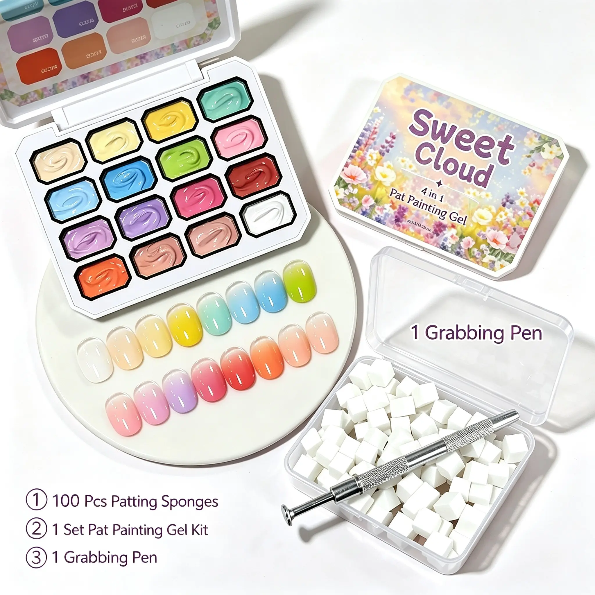 16 Colors 4 in 1 Pat Painting Gel Nail Art Palette Kit, Professional Patting Pigment Gel with 100Pcs Patting Sponges & Grabbing Pen, DIY Gradient Blush Nail Manicure Supplies for Nail Technicians & Home Nail Art Lovers