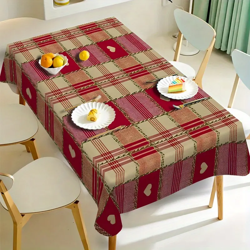 1pc Classic Checkered Heart Pattern Tablecloth - Red, Green, Beige and White Polyester Square for Dining Room, Kitchen, Coffee Table