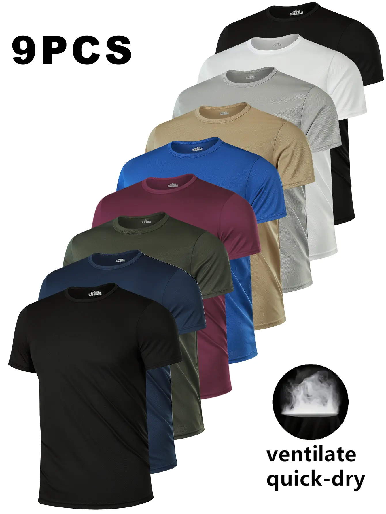 Men's 9-Pack Solid Round Neck Short Sleeve T-Shirts, Lightweight Breathable Polyester Knit, Regular Fit for Fitness & Casual Wear, Tshirt, Top, Shortsleeve, Menswear, Plain, Men's T Shirts, All Seasons