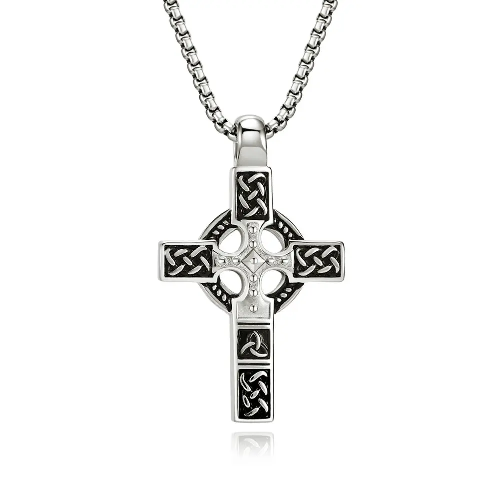 Celtic Knot Irish Cross Pendant Necklace, 3-Tone Stainless Steel Box Chain Unisex Jewelry - Waterproof, Corrosion-Resistant Gift for Him or Her