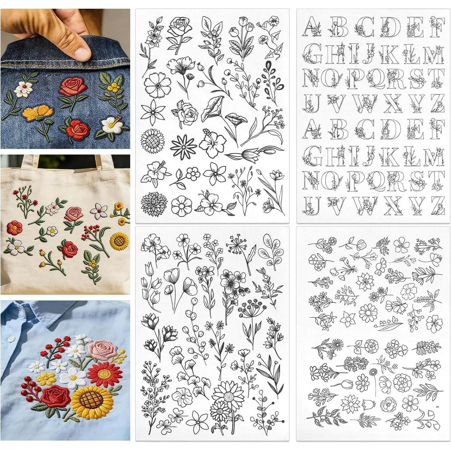 4 Sheets Stick and  Embroidery Patterns, 8.5"x11" Water Soluble Embroidery Stabilizer Paper, Wash  Sewing Stabilizers Pre-Printed Floral, Letter for Hand Sewing Lover Beginners