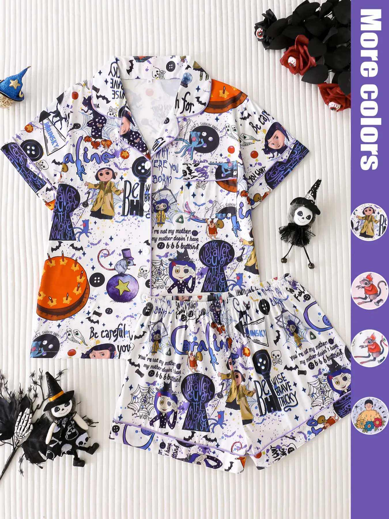 Two-Piece Matching Cartoon Fantasy Print Women's Pjs Pajama Set, Soft Satin Fabric, Collared Button Short-Sleeve Top & Shorts, Elegant Sleepwear