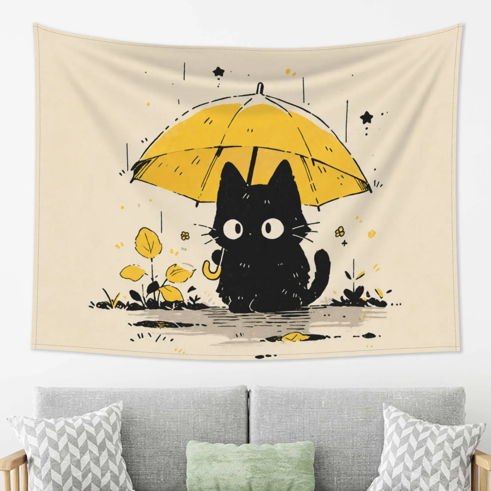 Cute Black Cat Wall Hanging Tapestry, Kawaii Cartoon Kitten with Yellow Umbrella in Rain Art Poster, Aesthetic Fabric Wall Decor for Bedroom Living Room Dorm, Minimalist Nursery Backdrop Decoration,Hippie,UV