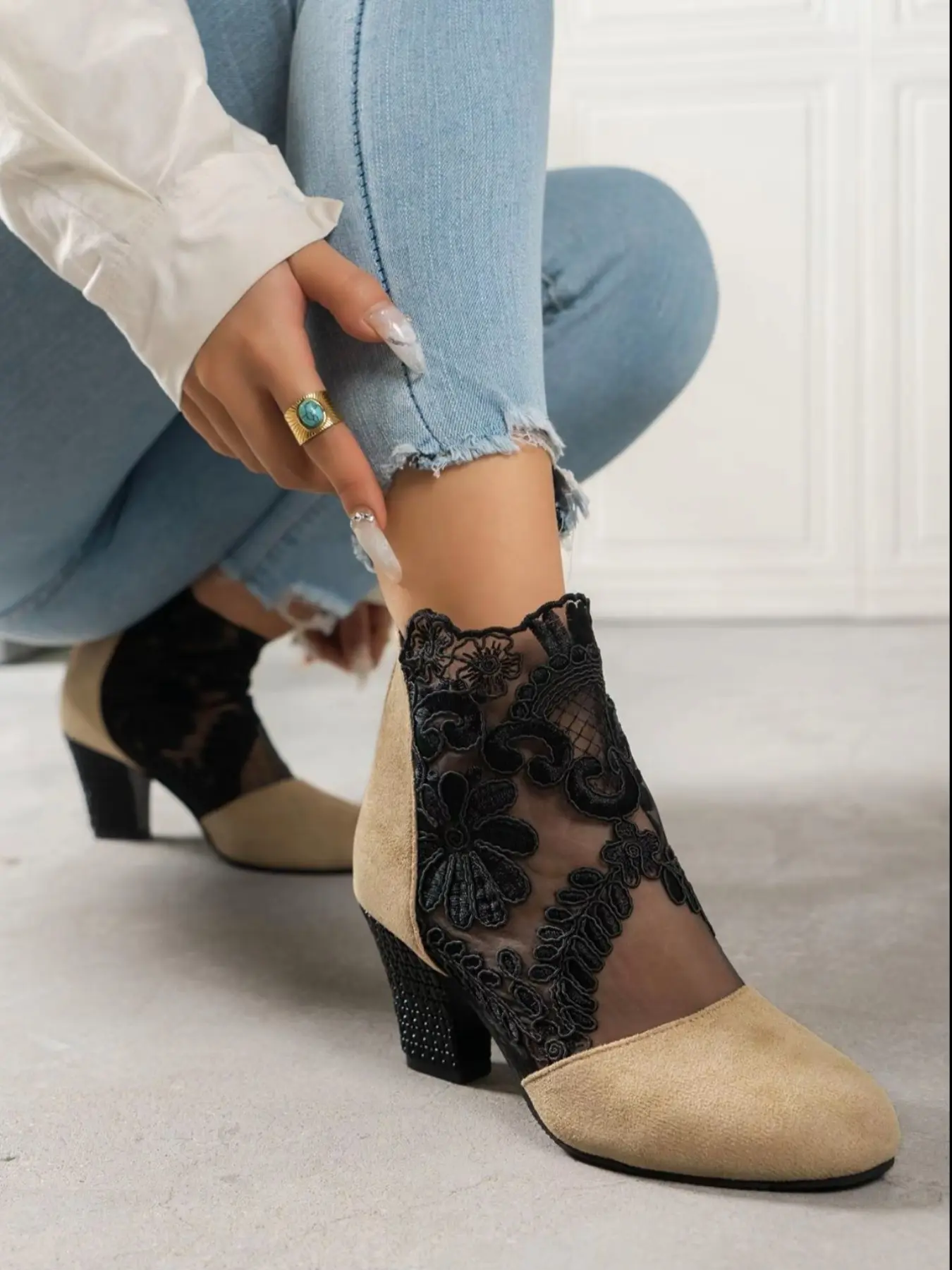 Sheer Lace Embroidered Chunky Heel Short Boots, Pointed Toe Patchwork Fur, Rhinestone Chunky High Heels, Vintage Style, Evening Party Shoes