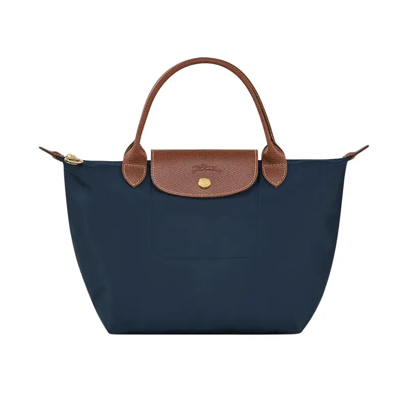 Longchamp Small Handbag for Women – Zip-and-Snap Closure, Strapless Canvas with Leather Trim, Navy Blue